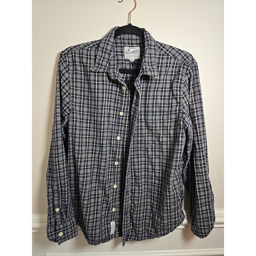 Lucky Brand Plaid Shirt California Fit Long Sleeve Button Front Mens M Grey Blue